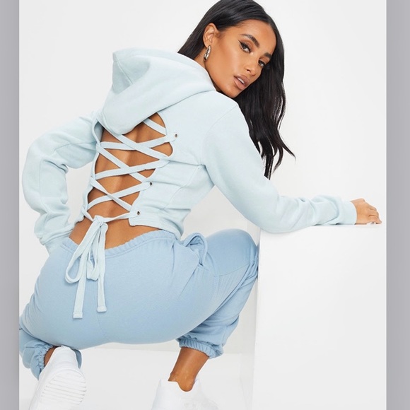 Lace Up Back Crop Hoodie Sweatshirt 